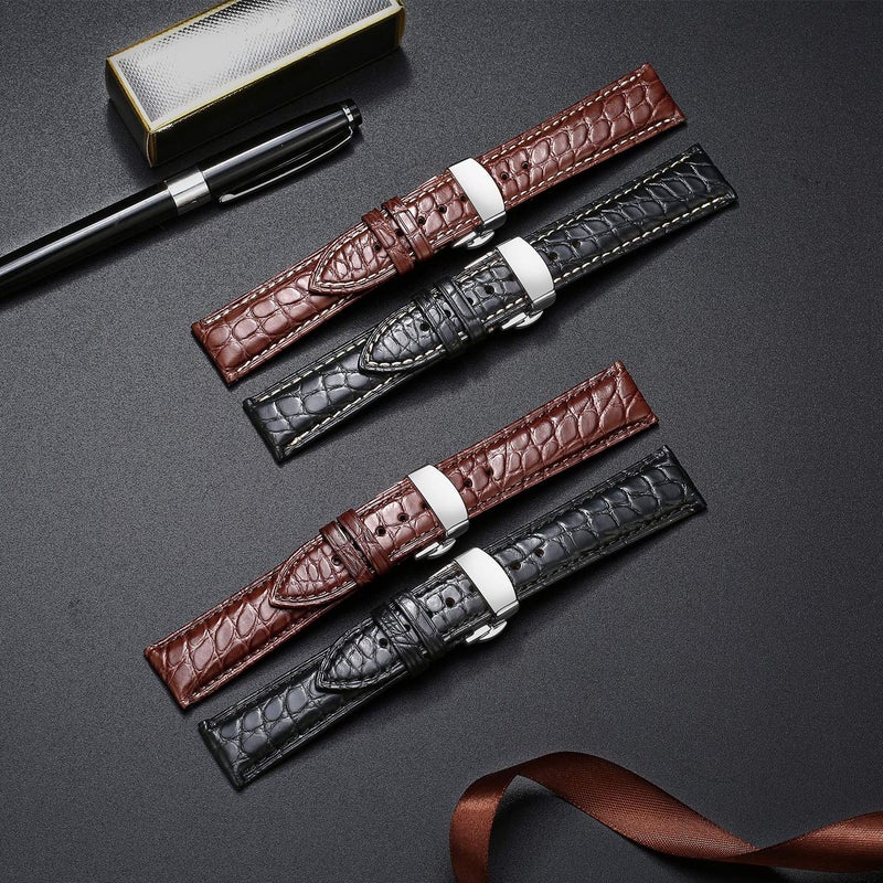 MORANO Moran Genuine Leather Band Alligator and Cowhide Replacement Deployment Buckle Watch strap18mm to 24mm Crocodile Leather Strap for Men's and Women's 20mm Alligator Black White Line-Silver Buckle - Image 3